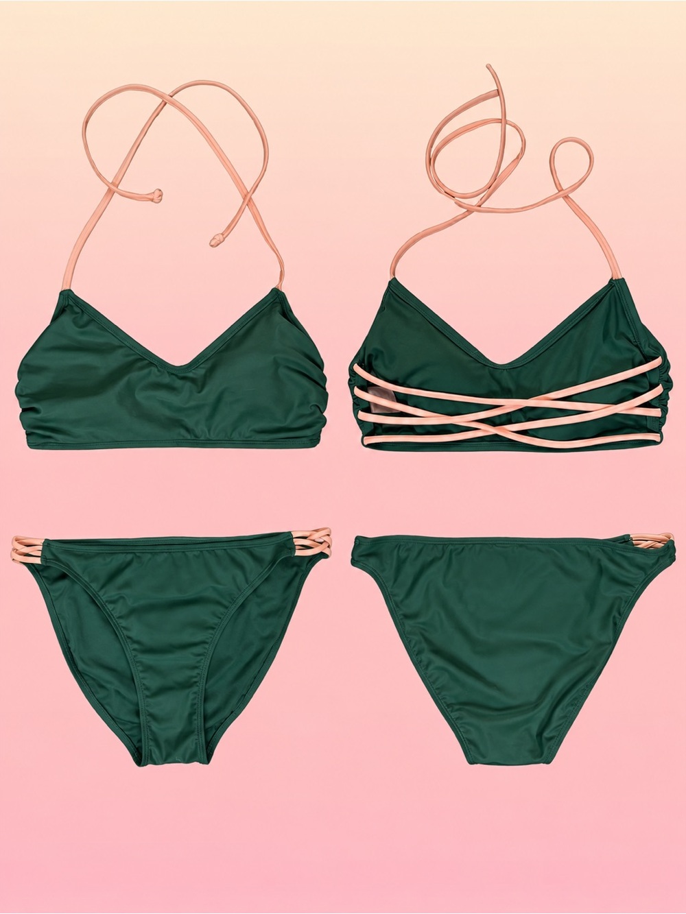 Green Strappy Women’s Bikini Set with Peach Straps